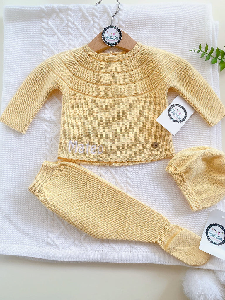Conjunto español tejido 3 piezas unisex amarillo (1 mes)