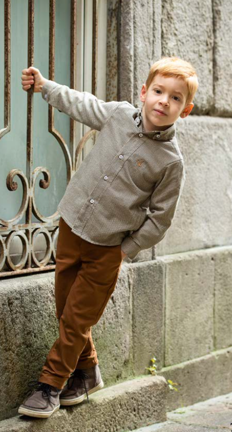 Conjunto camisa cuadros cafes con beige con pantalón mostaza