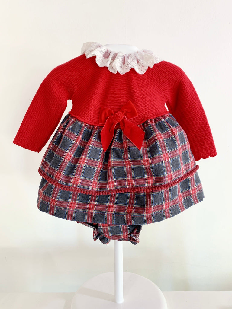 VESTIDO TEJIDO ROJO CUADROS CON CALZÓN (18 meses)