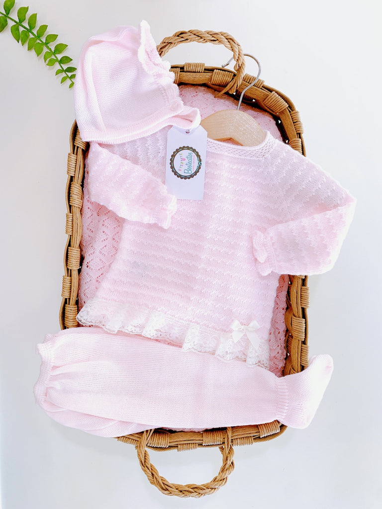 Conjunto 3 piezas polaina recogidas puntillas rosa (6 meses)