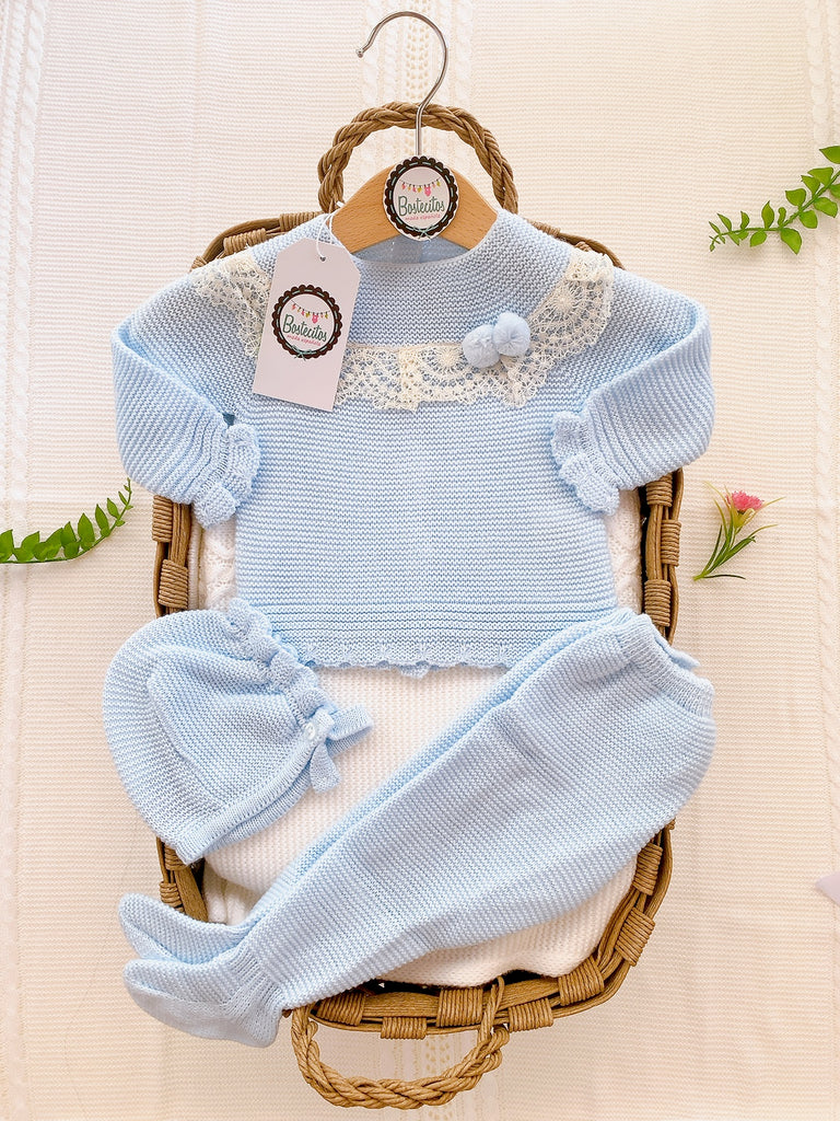 Conjunto 3 piezas polaina lin canesu puntilla azul celeste (3 meses)