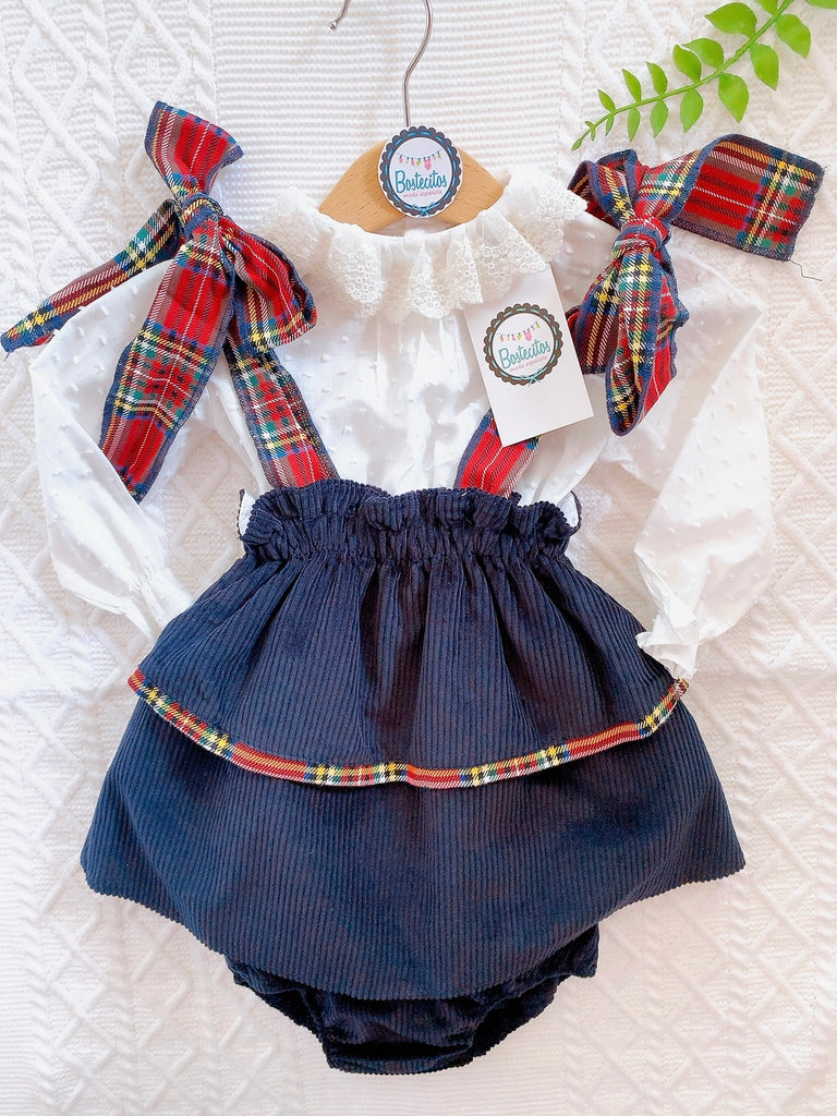VESTIDO pana azul marino con camisa PLUMETI blanca cuello Olán beige con calzón(12 meses)