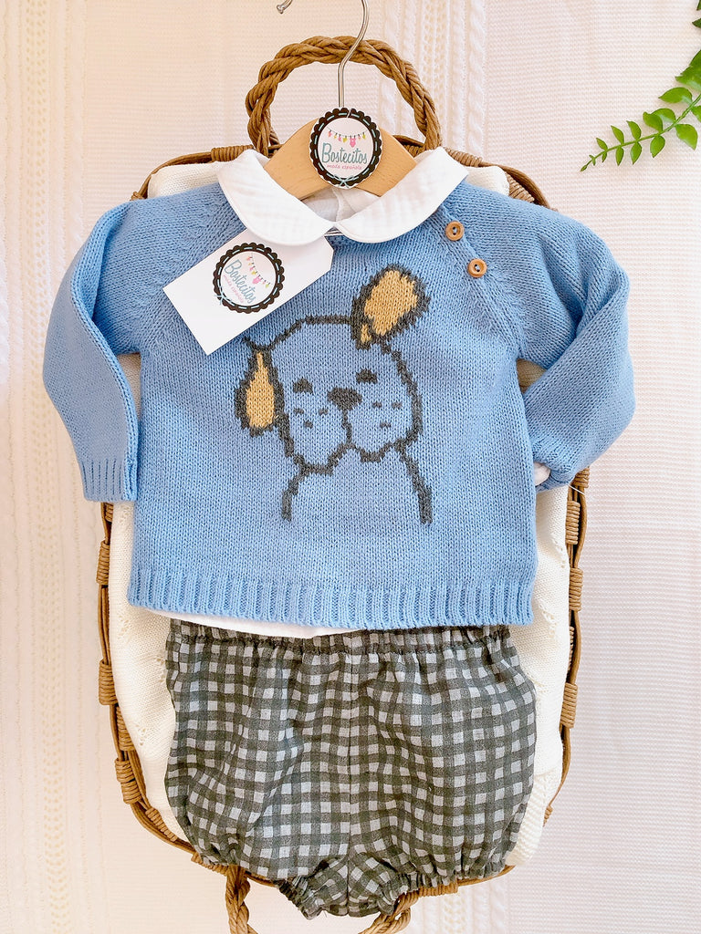 Conjunto 3 piezas camisa blancas suéter perrito y short cuadros