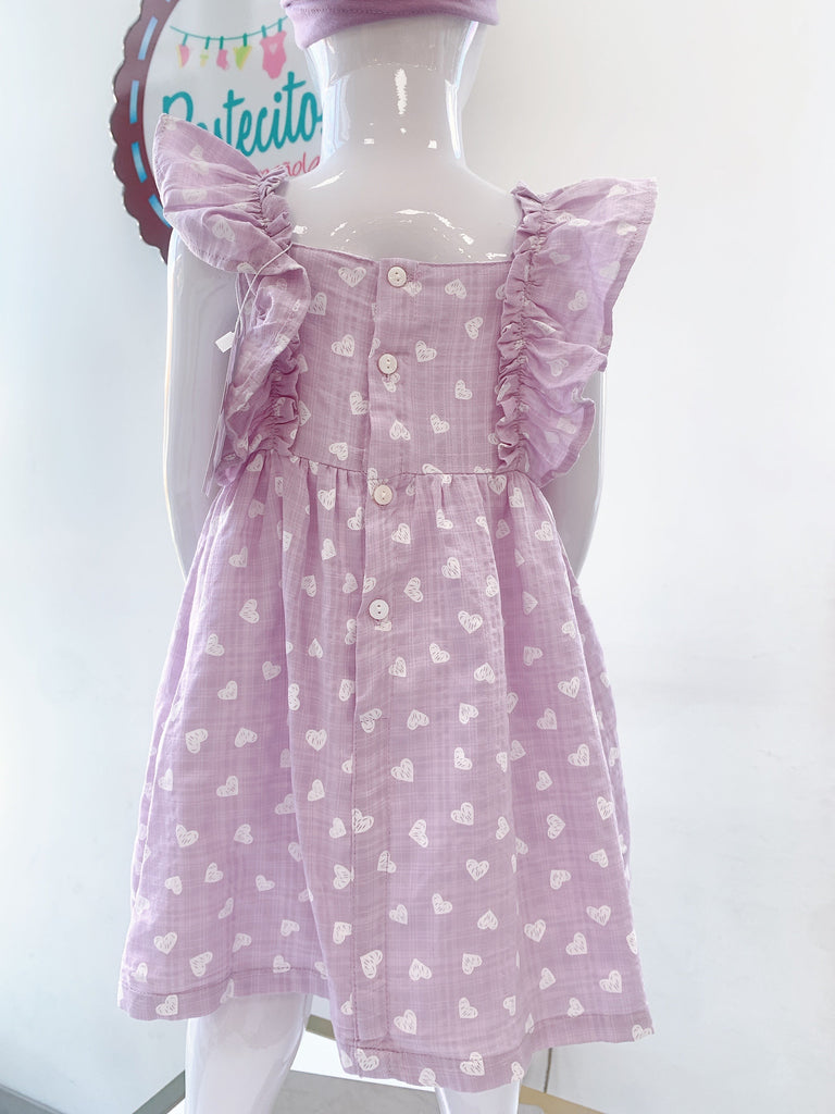 Vestido color lavanda estampado corazones blancos