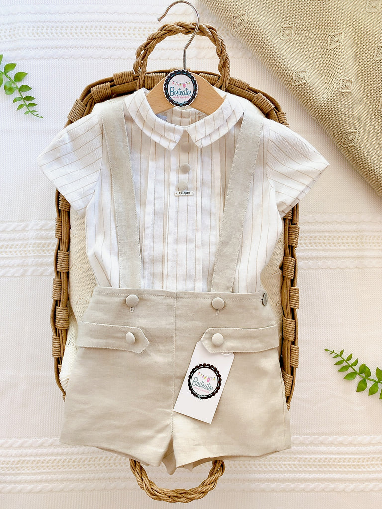 Conjunto camisa blanca rayas con short beige