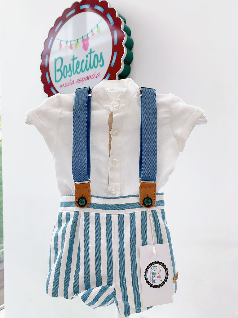 Conjunto short con tirantes rayas azul turquesa (6 MESES)