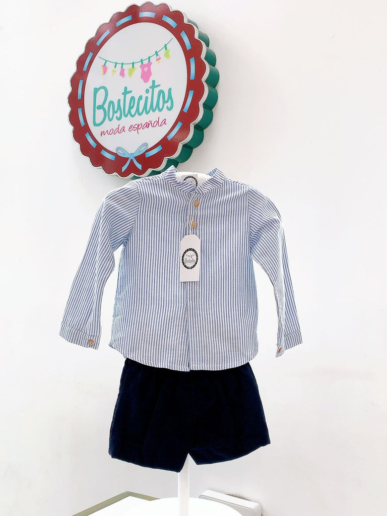 Conjunto 3 piezas short camisa manga larga y suéter azul