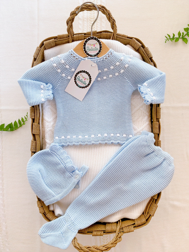 Conjunto tejido 3 piezas azul claro (1 mes)