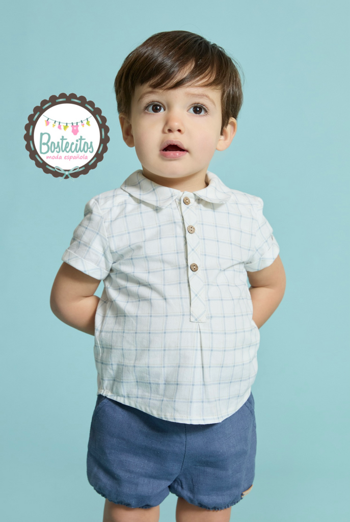 Conjunto Niño short azul marino con camisa blanca cuadros azules