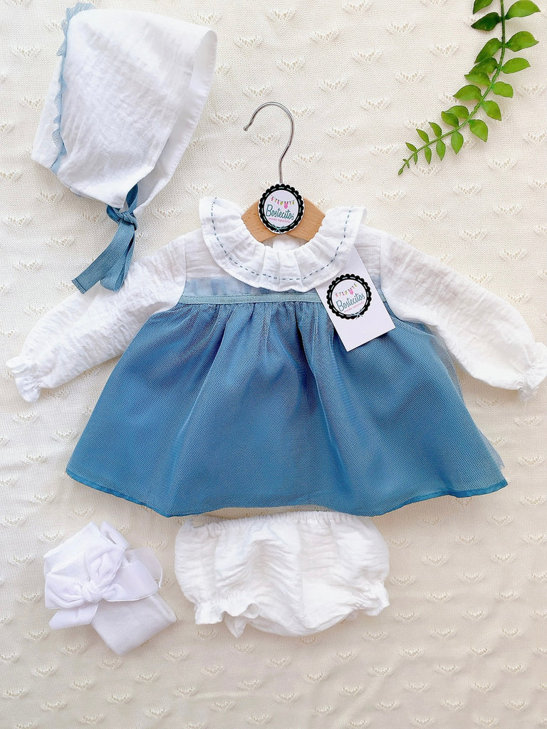 Conjunto 3 piezas vestido con tul azul con gorrito y calzón