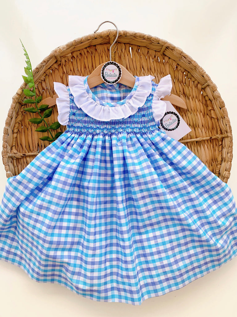 Vestido bordado cuadrado azul con blanco