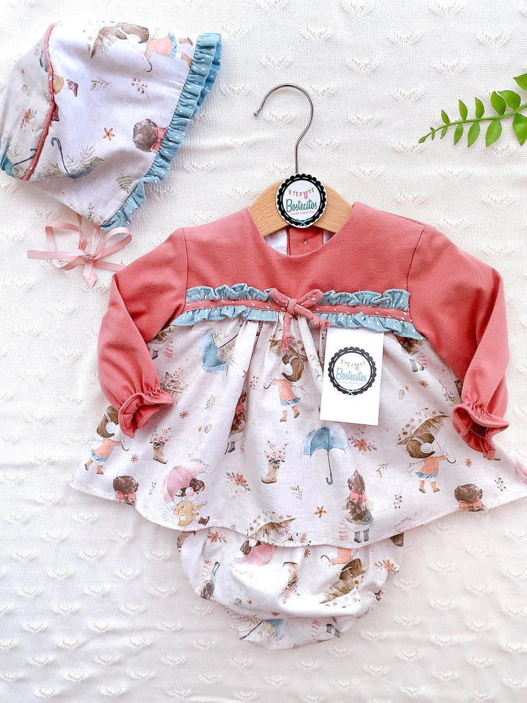 Conjunto 3 piezas vestido estampado niña con paraguas con gorro y calzón