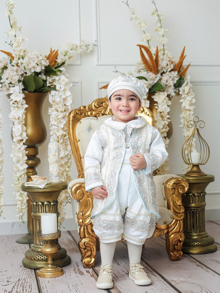 Conjunto príncipe bautizo blanco con detalles azules