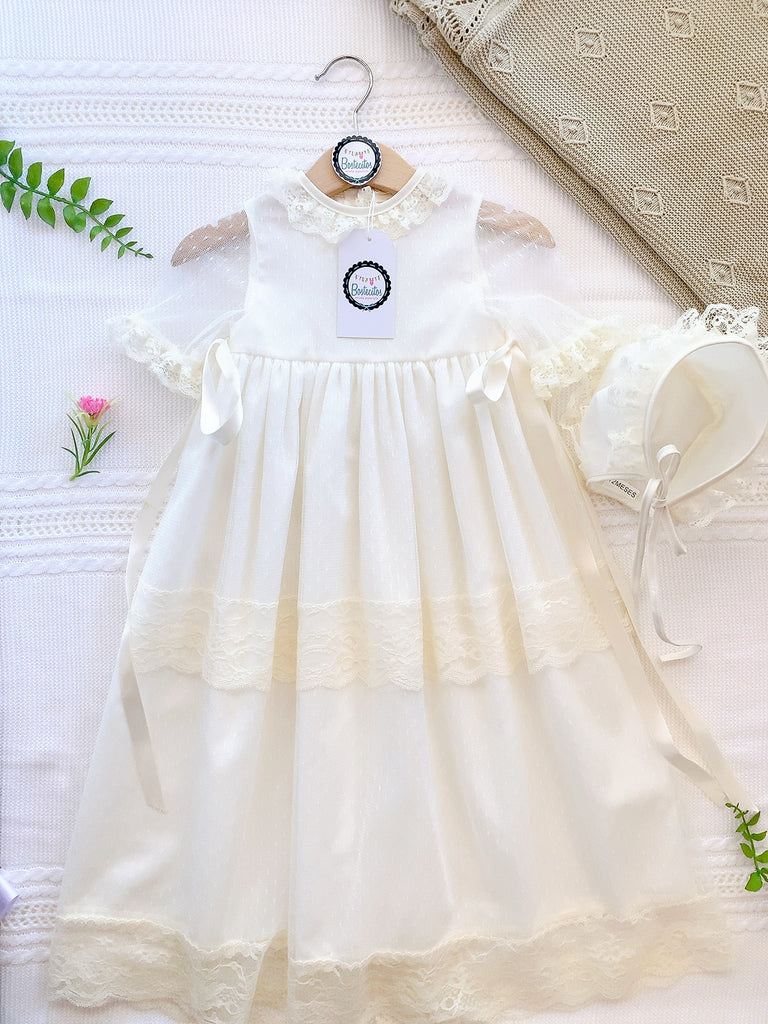 Ropon beige manga tul encaje bolitas (12 meses)