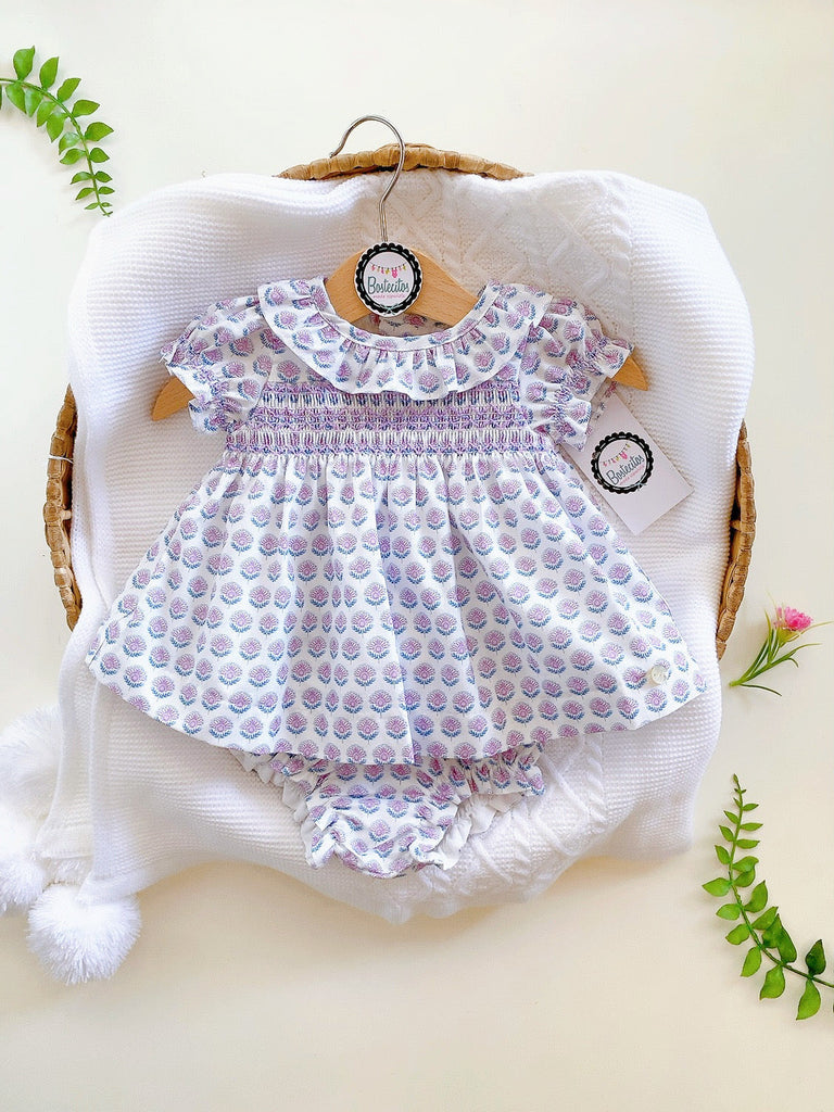 Conjunto vestido corto con calzón morado bordado