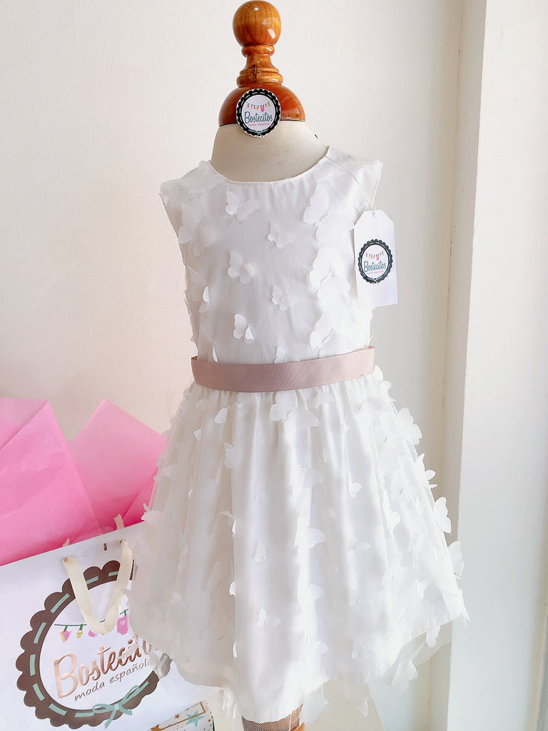 Vestido blanco mariposas blancas con lazo café