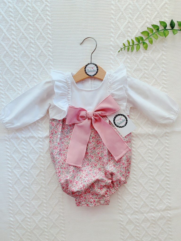 Ranita manga larga rosa con blanco con moño al frente (3 meses)