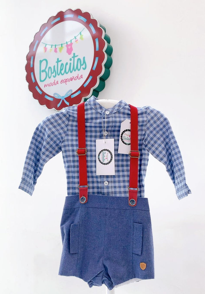 CONJUNTO CAMISA CUADROS AZUL CON SHORT TIRANTE ROJO (12 meses)