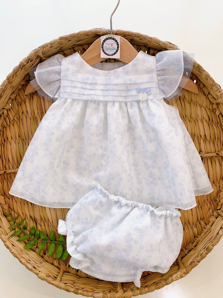 Conjunto vestido con calzón estampado azul bebé patoles