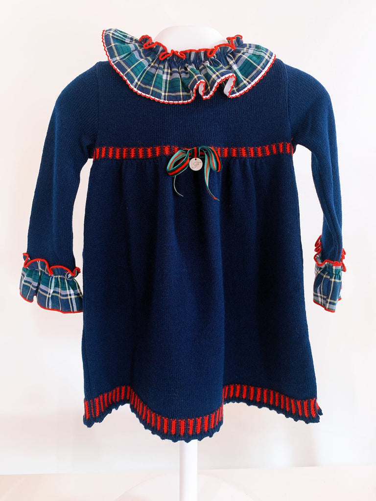 Vestido azul marino cuello y mangas cuadradas verdes