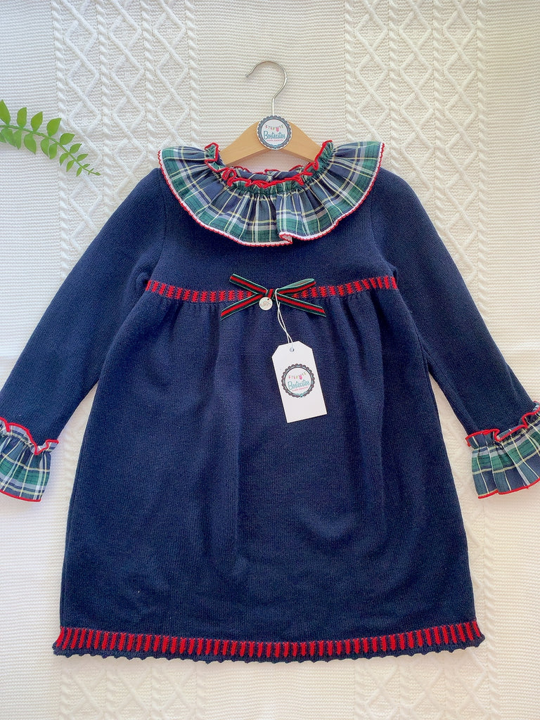 Vestido azul marino cuello y mangas cuadradas verdes