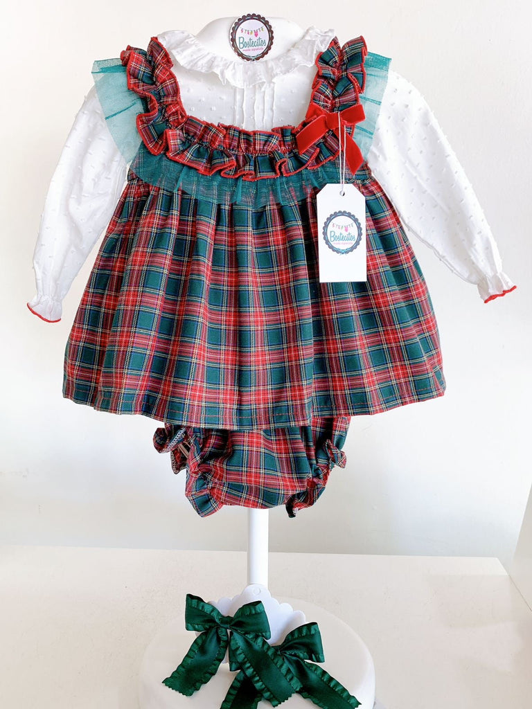 Conjunto 3 piezas cuadros verde rojo, blusa blanca