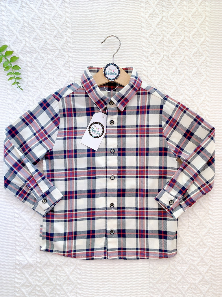 Camisa beige  cuadros tinto con negro