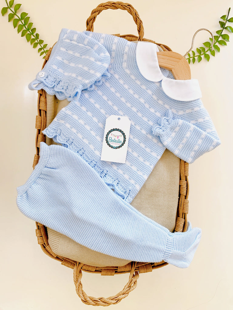 CONJUNTO TEJIDO AZUL CELESTE LINEAS BLANCAS 3P (6 meses)