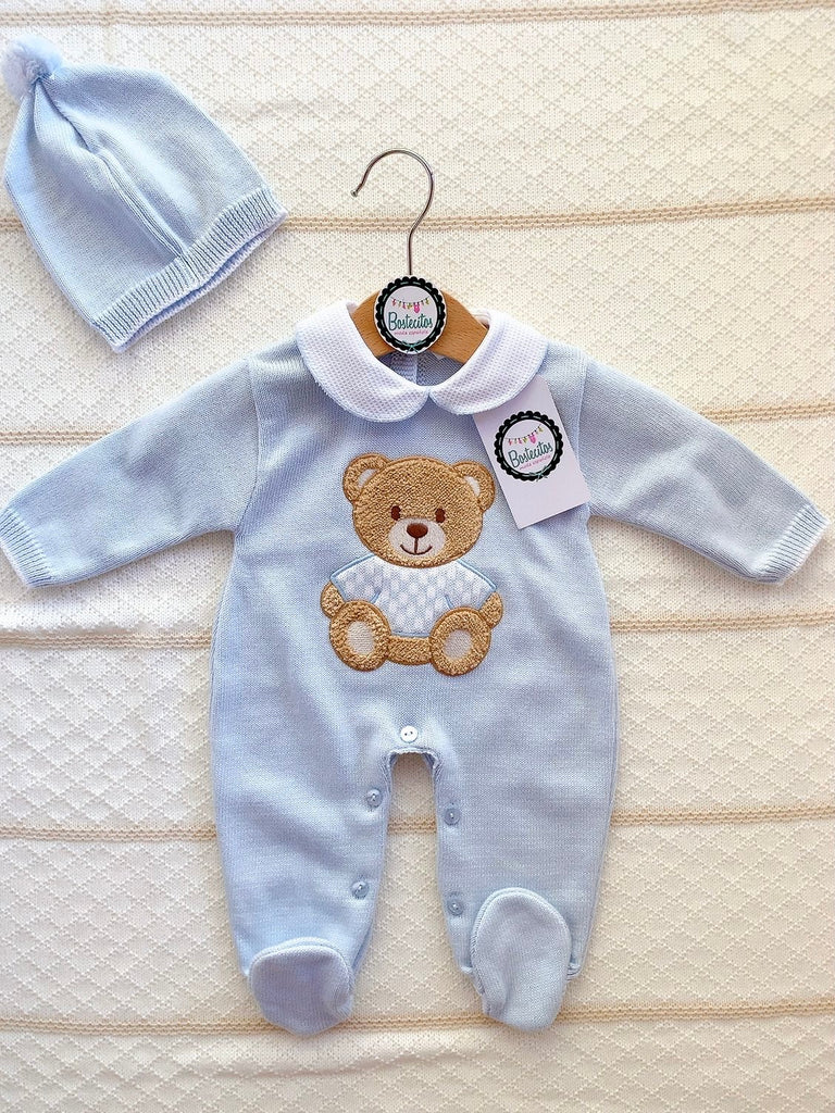Mameluco azul bebé con estampado osito con gorrito (0-1 mes)