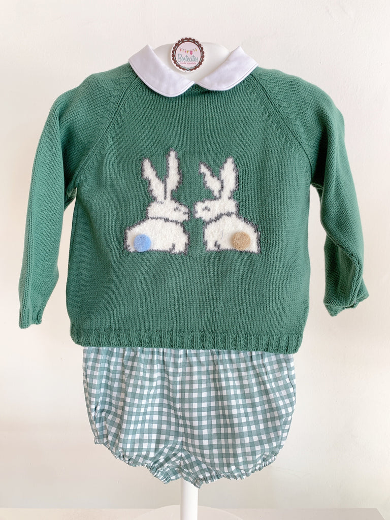Conjunto conejo suéter verde con short cuadros verdes con blanco