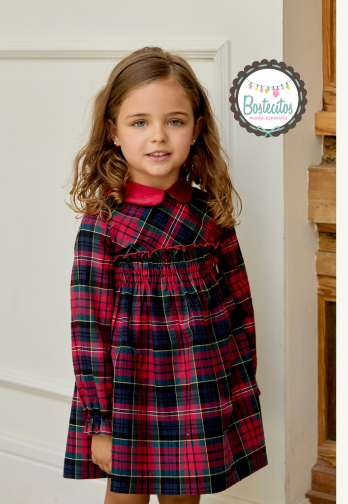 Vestido navideño cuadros rojos con verde cuello rojo