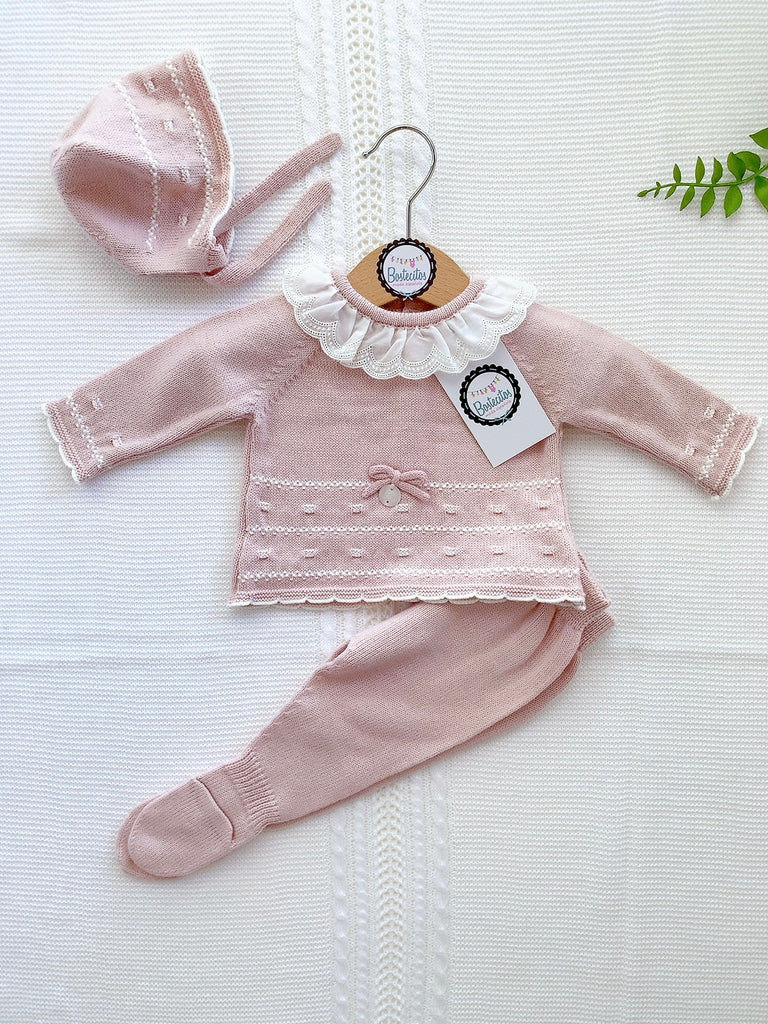 Tejido español rosa palo (1 mes) cuello Olán beige Niño en medio