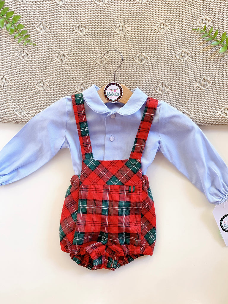 Conjunto navideño short con tirantes con camisa azul
