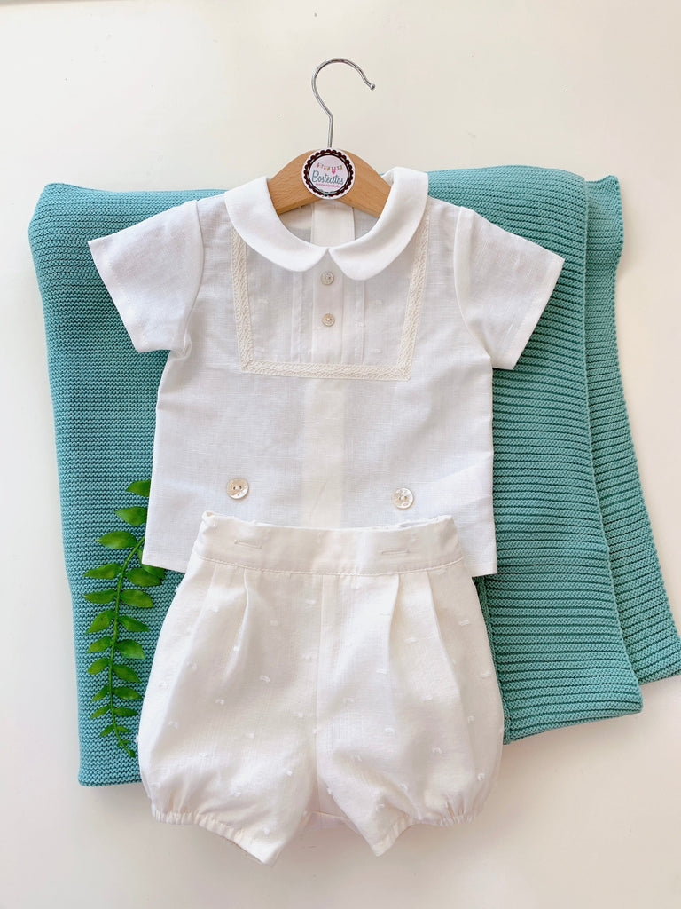 Conjunto beige short plumeti con camisa beige detalle cuadrado (6 meses)