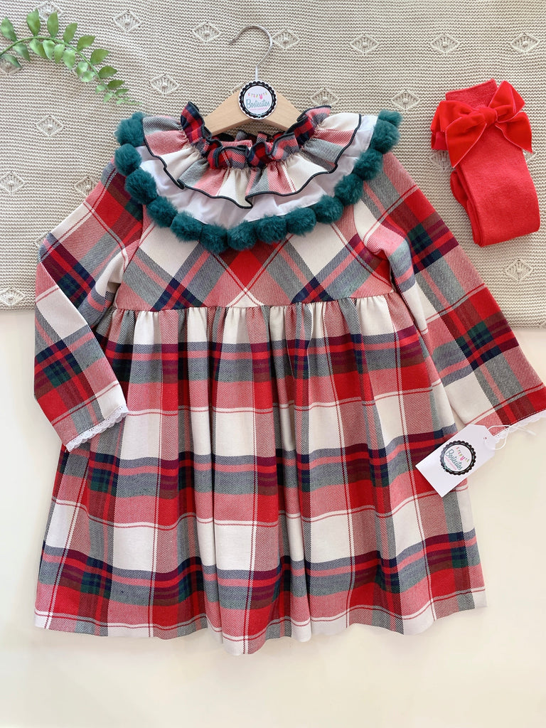Vestido cuadros cuello pompones verdes (6 años)