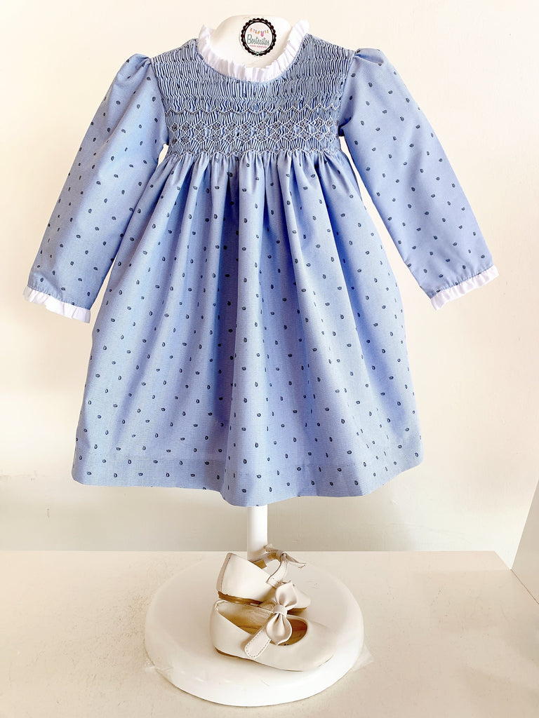 Vestido manga larga azul gris bordado a mano