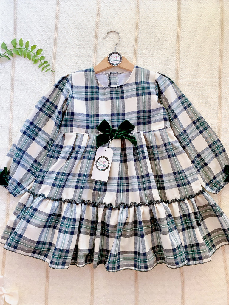 Vestido cuadros verdes con moño terciopelo en medio y en las mangas (48 meses)