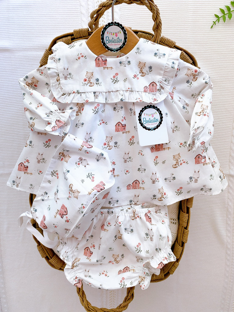 Conjunto español de estampado granja gorro, vestido y calzón