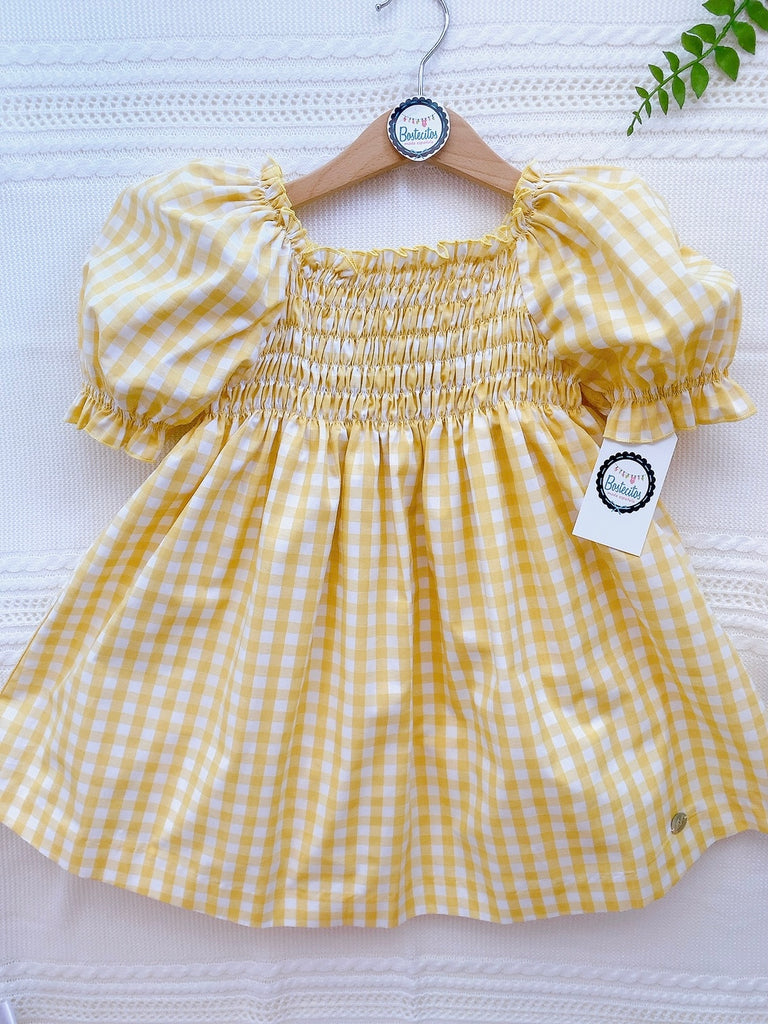 Vestido amarillo cuadros con manga bombacha