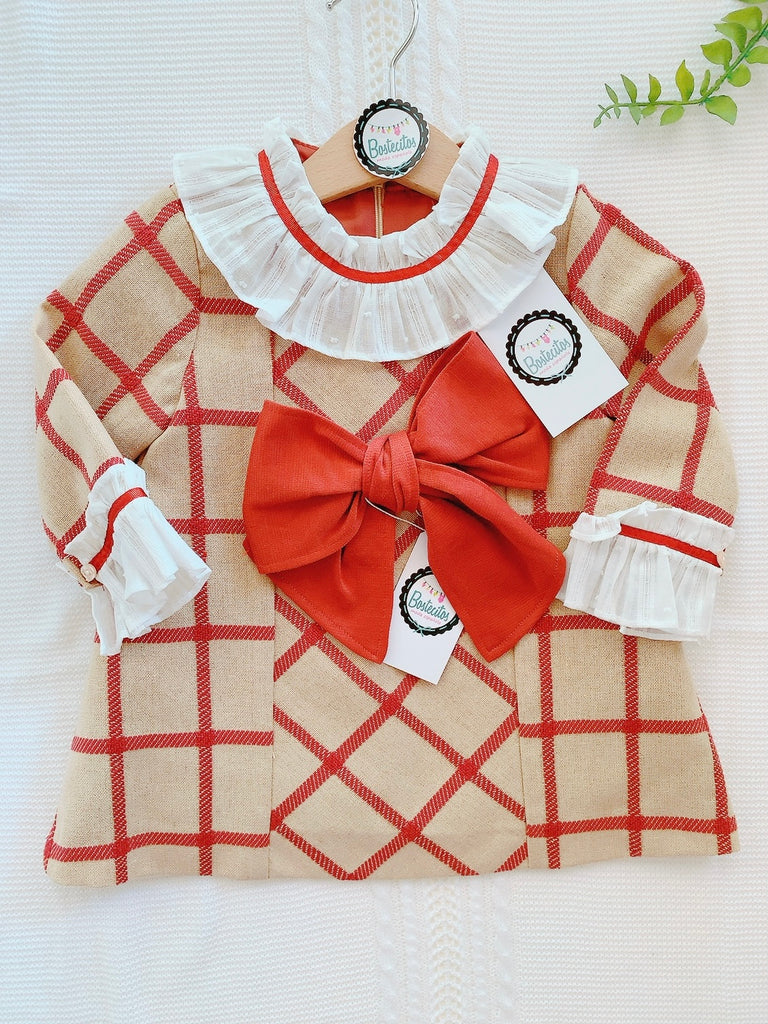 Vestido beige de cuadros color ladrillo con moño (1 año)