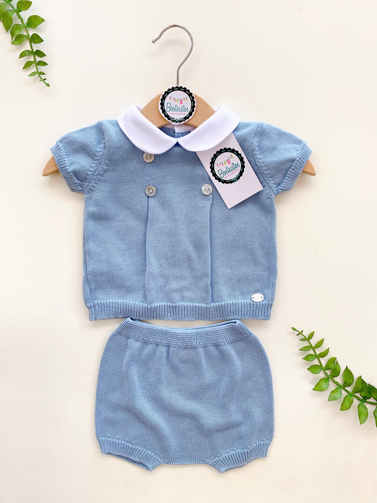 Tejido dos piezas short camisa tejida manga corta azul cuello blanco