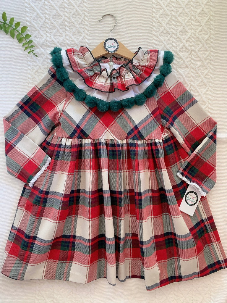 Vestido cuadros cuello pompones verdes (6 años)