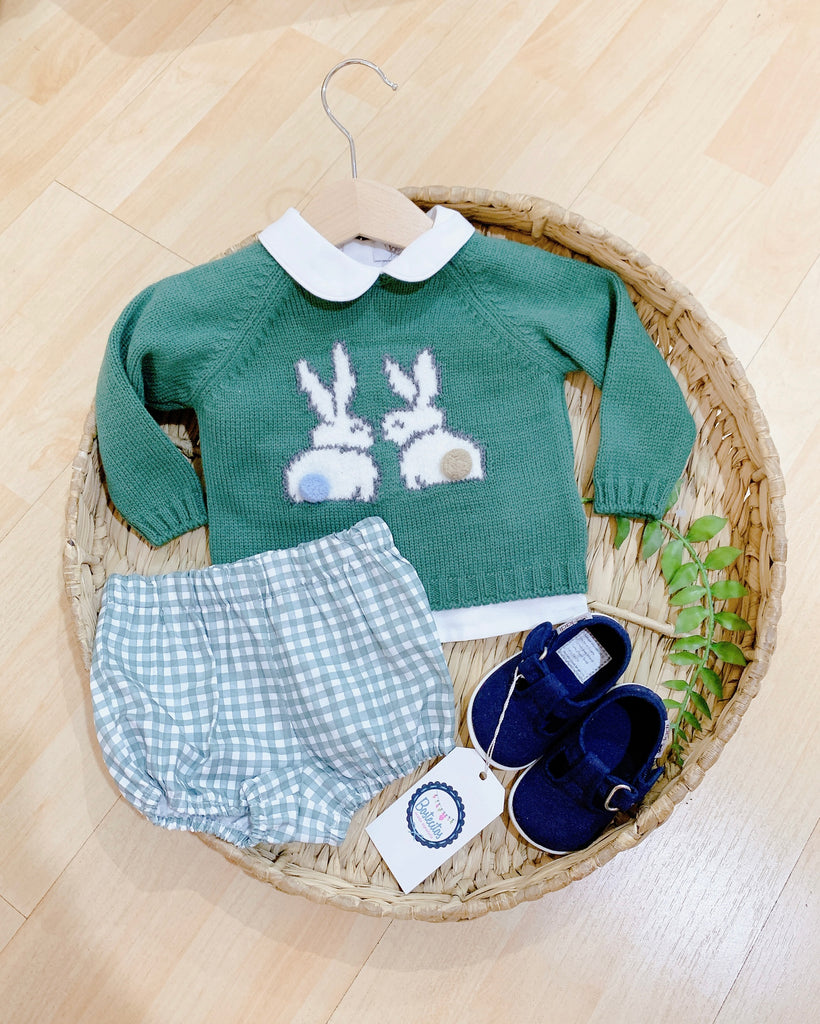 Conjunto conejo suéter verde con short cuadros verdes con blanco