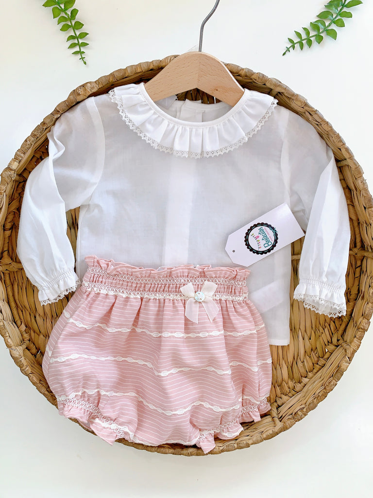 Conjunto braguita rosa palo con blusa blanca (12 meses)