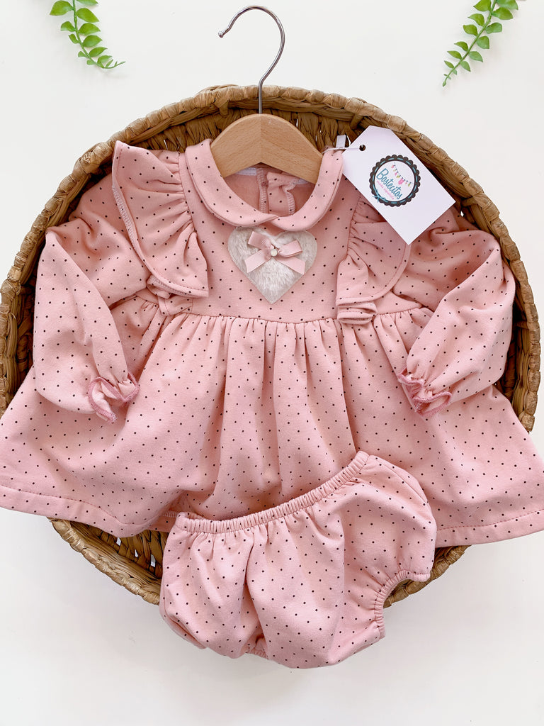 Conjunto 2 pz vestido y calzón rosa puntos negros con detalle de corazón (18 meses)