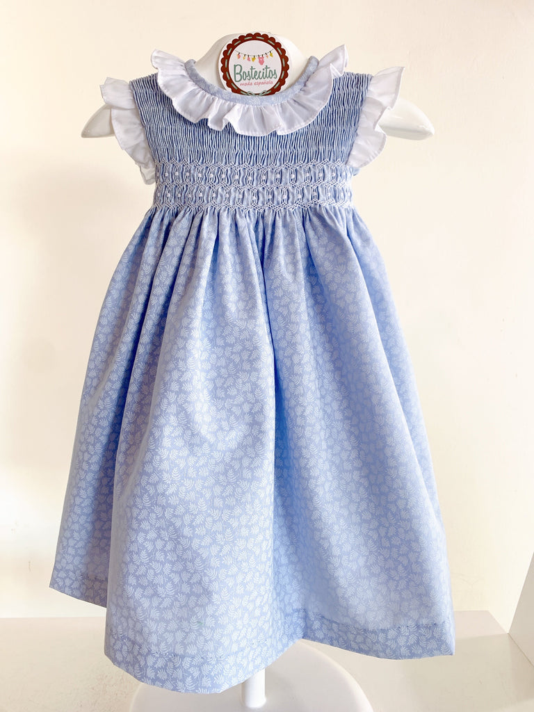 Vestido azul print hojas bordado con blanco y cuello Olán (1 año)