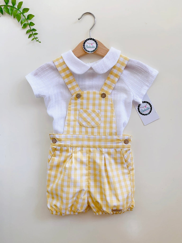 Conjubto short con tirantes cuadros amarillo con camisa blanca (3 meses)