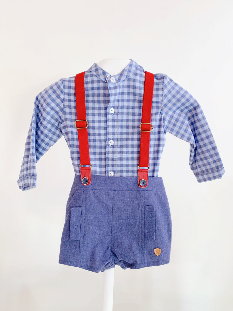 CONJUNTO CAMISA CUADROS AZUL CON SHORT TIRANTE ROJO (12 meses)