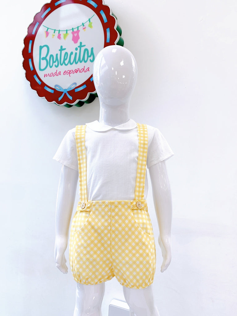 Conjunto short con tirantes amarillo cuadros