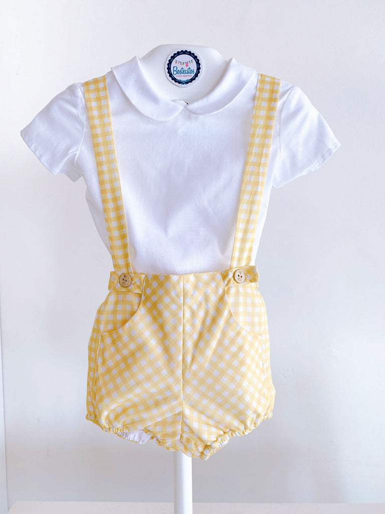 Conjunto short con tirantes amarillo cuadros